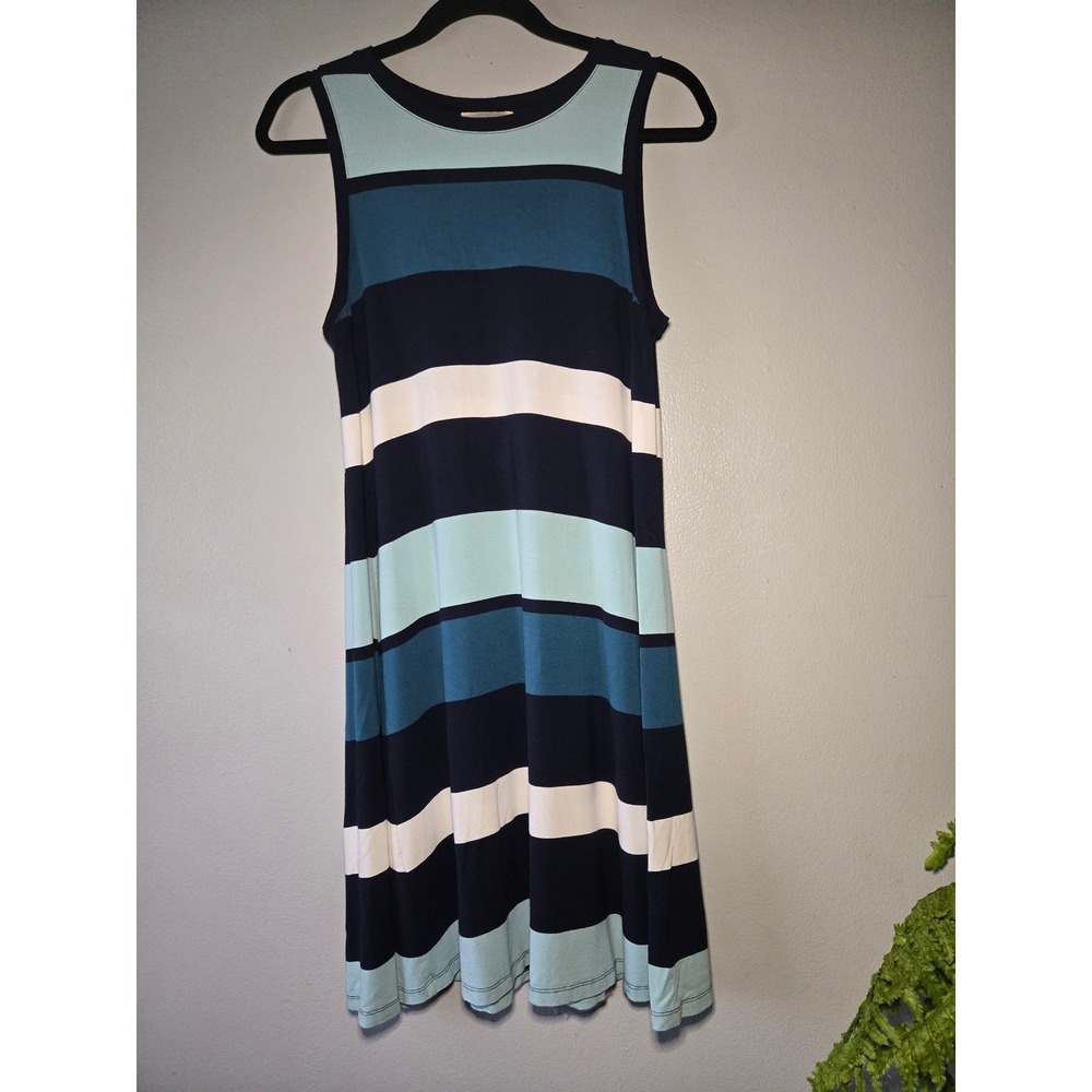 LOFT Striped Sleeveless Swing Dress Blue Navy Casual Midi Dress Size Small‎